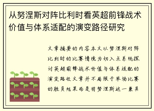 从努涅斯对阵比利时看英超前锋战术价值与体系适配的演变路径研究 从努涅斯对阵比利时看英超前锋战术价值与体系适配的演变路径研究